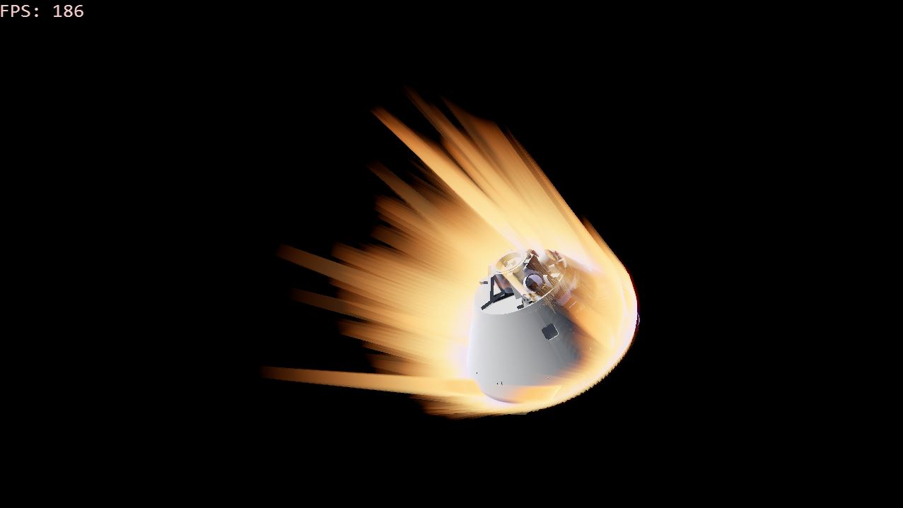 Orion capsule encased in plasma reentry shader